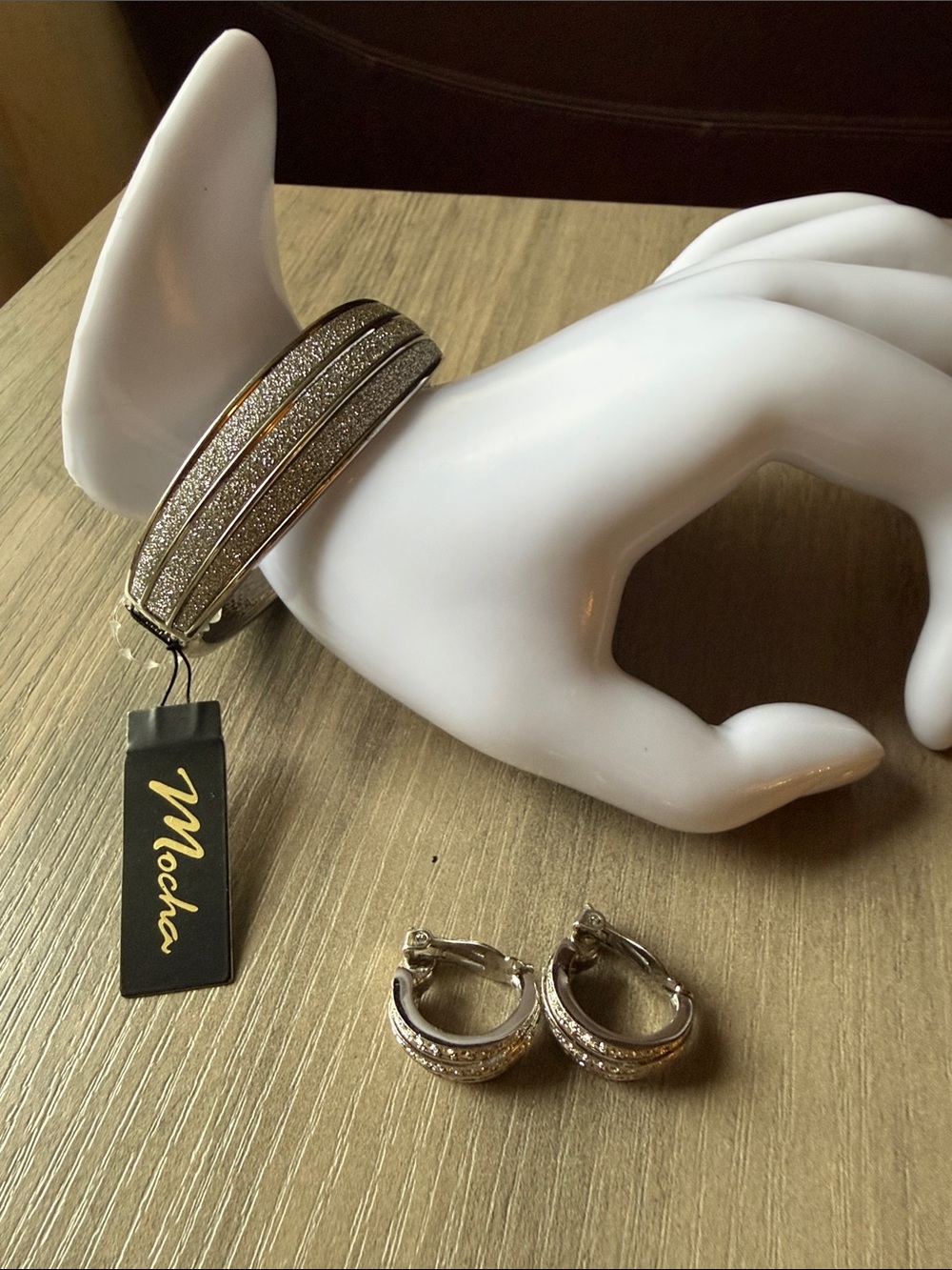 Silver-Tone Parve Crystal Bangle and clip on Earring Set - Silver